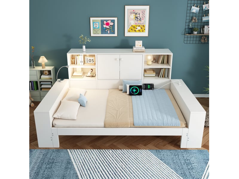  Modenvie lit gigogne 90x200 cm - avec rangement intégré, ports usb et usb-c, sans matelas - blanc  - Conforama D