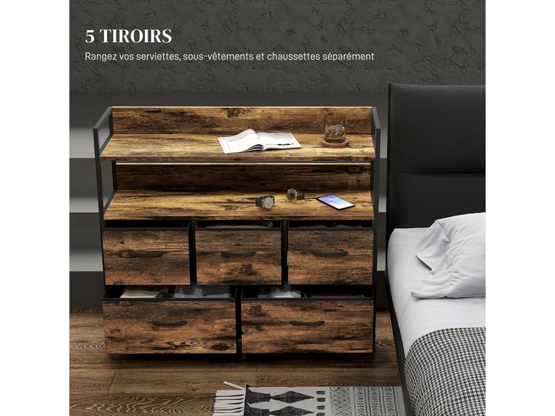  Commode, meuble de rangement, 5 tiroirs en tissu pliables et amovibles et étagères, brun rustique, 98 x 29 x 85 cm  - Conforama A