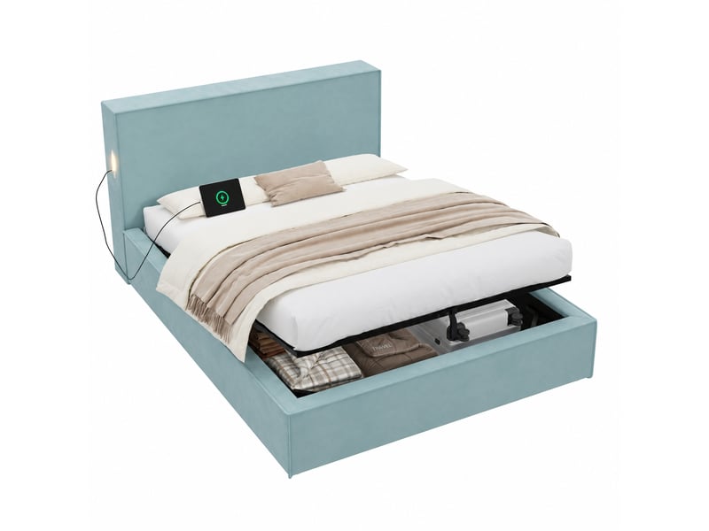  Lit coffre 140 x 200 cm en velours bleu avec rangement hydraulique extra-large, sans matelas  - Conforama A