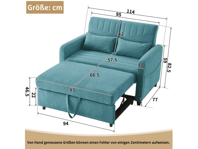 Canapé convertible 2 places 114.00×77.00×82.50 cm en tissu coton-lin avec dossier réglable bleu-vert antique chicfurn  - Conforama D