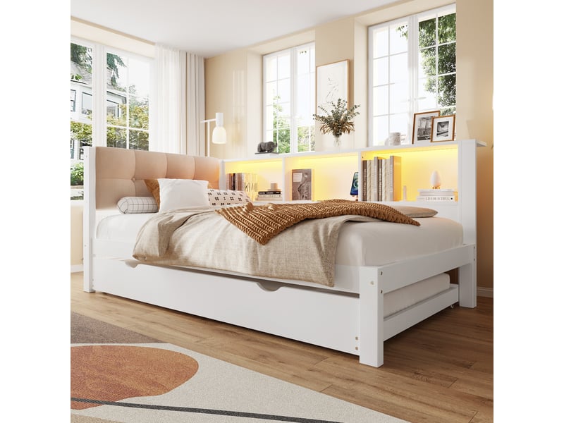  Lit de jour 90x200cm avec lit gigogne, led dimmable, étagère pratique et usb, sans matelas, blanc, bois de pin  - Conforama D