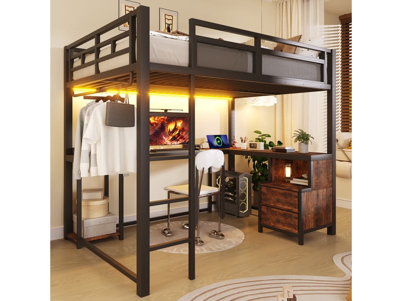  Lit mezzanine 140x200 cm avec bureau intégré, étagères et tringle à vêtements, led chaude, usb, garde-corps renforcés, métal noir industriel Radiant Stride - Conforama B
