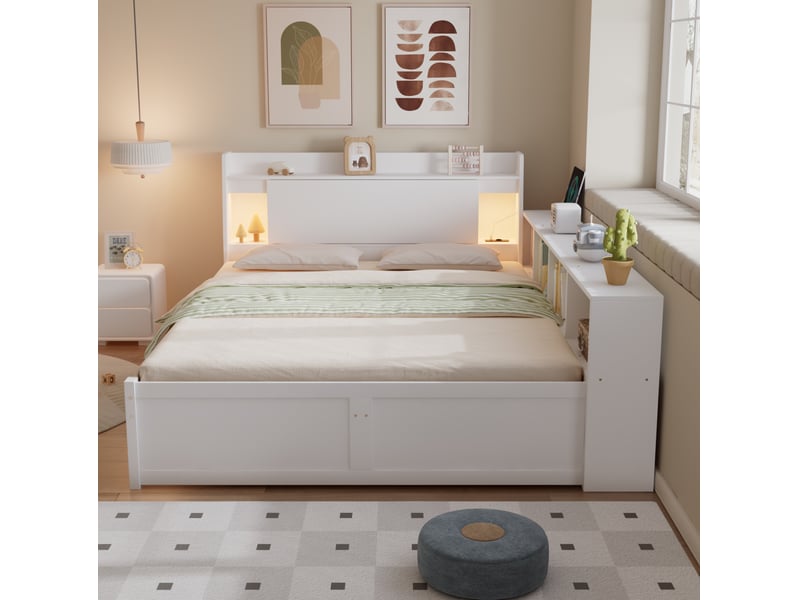  Lit double 140 x 200 cm blanc avec rangements, 2 lumières et prise de recharge  - Conforama C