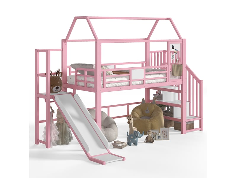 Lit mezzanine 90 × 200 cm avec toboggan, escalier à rangements, led, penderie, en métal rose pour chambre d'enfant - Conforama A