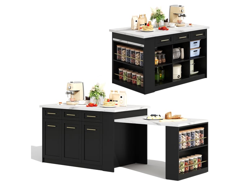  Îlot central de cuisine 150x90cm - avec table extensible 96cm, plan effet marbre blanc &amp; rangements - noir &amp; blanc  - Conforama A