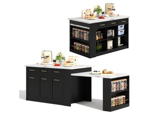 Îlot central de cuisine 150x90cm - avec table extensible 96cm, plan effet marbre blanc & rangements - noir & blanc