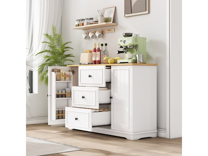 Buffet, avec 3 tiroirs et des portes de style réfrigérateur, meuble de rangement pour salle à manger, salon, blanc - Conforama D