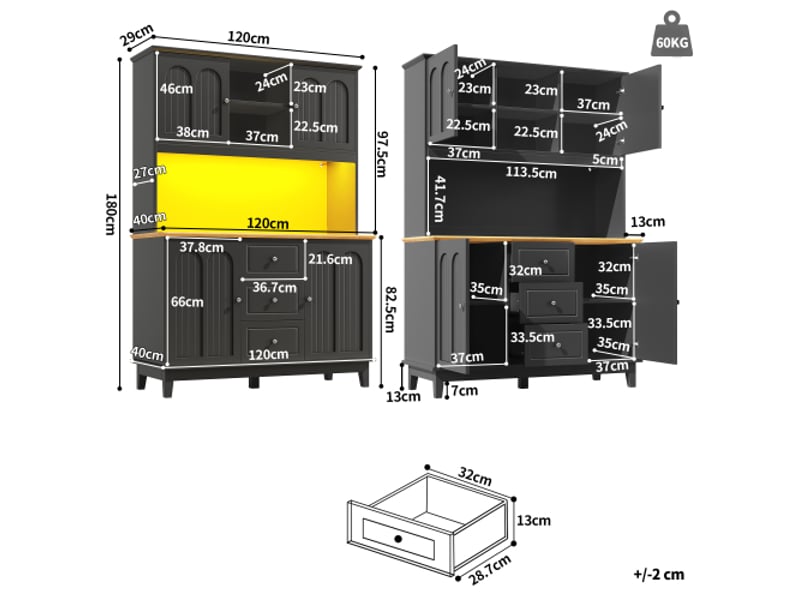  Buffet haut et salon 120×40×180 cm, meuble haut avec led contrôlé par app, 4 portes et 3 tiroirs  - Conforama C