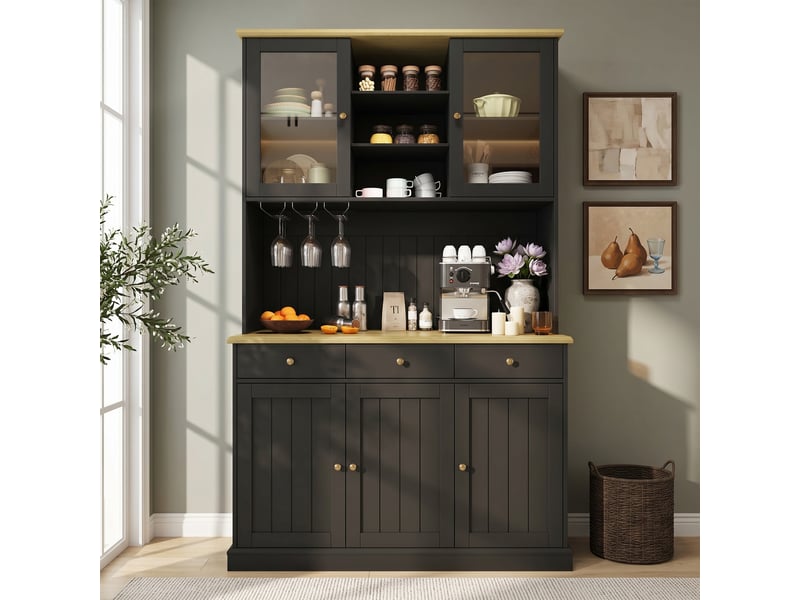 Buffet haut 120x40x191 cm avec portes vitrées, vaisselier de rangement cuisine salle à manger avec prise usb-c et usb-a intégrée - noir - Conforama C