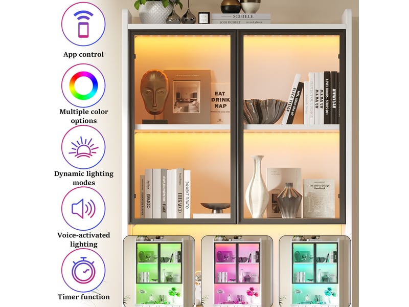  Vitrine 2 pièces 160x35x200 cm led bluetooth, 8 portes, verre de sécurité, panneaux de particules blanc  - Conforama E