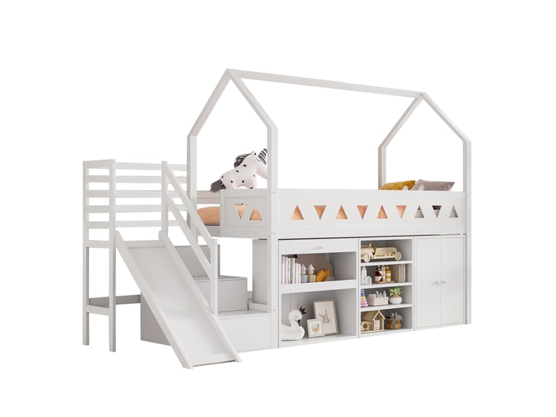 Lit enfant avec toboggan et escalier, lit simple 90x200 cm en bois massif, lit enfant avec armoire et tiroirs de rangement, blanc. - Conforama A