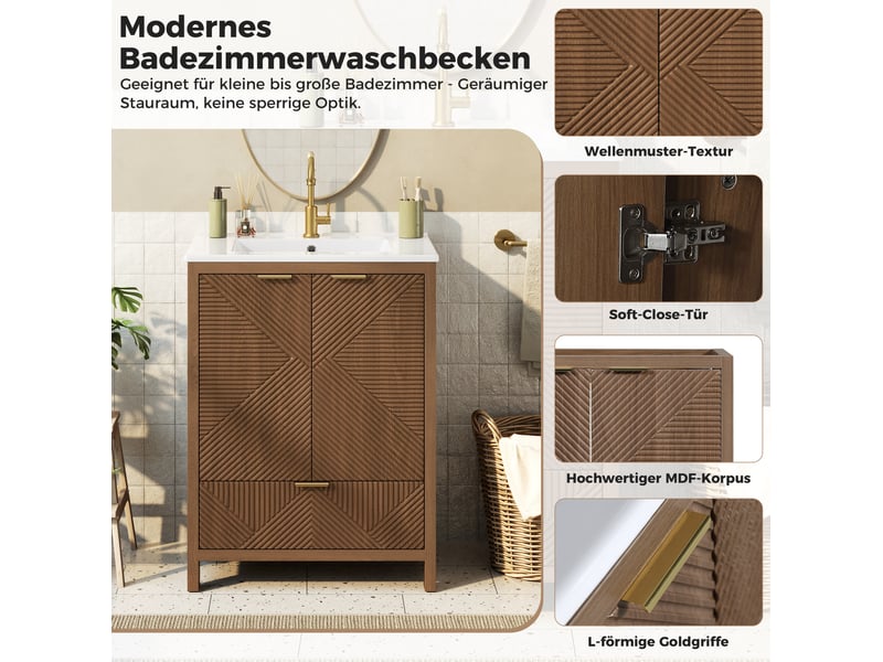  Meuble sous-vasque 61x47x87 cm – marron noyer – vasque céramique et rangement intégré, sans robinetterie  - Conforama E