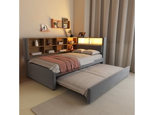 Lit banquette rembourré 90x200 cm avec lit gigogne 90x190 cm, rangements, led, usb, usb-c et prise électrique, sommier à lattes, flanelle gris foncé