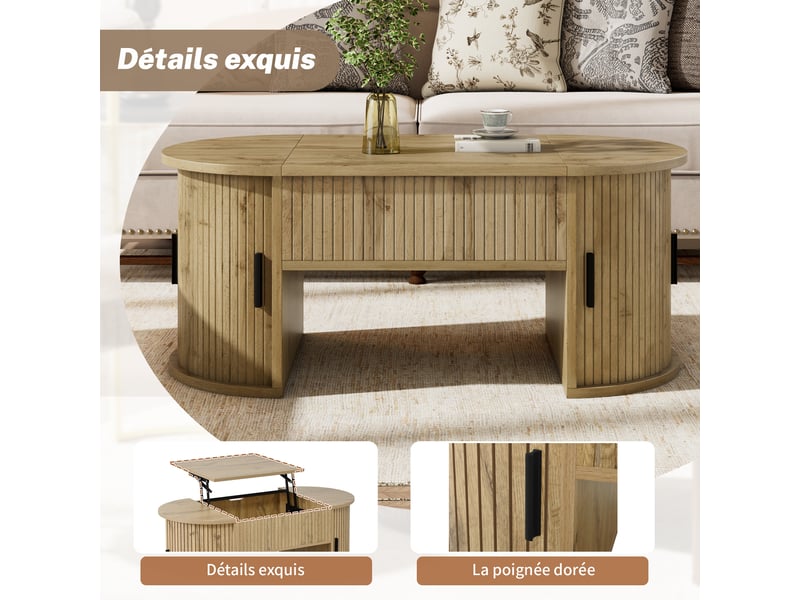  Table basse relevable ovale en mdf couleur chêne avec rangement caché et portes coulissantes 100x50x40.5cm  - Conforama R