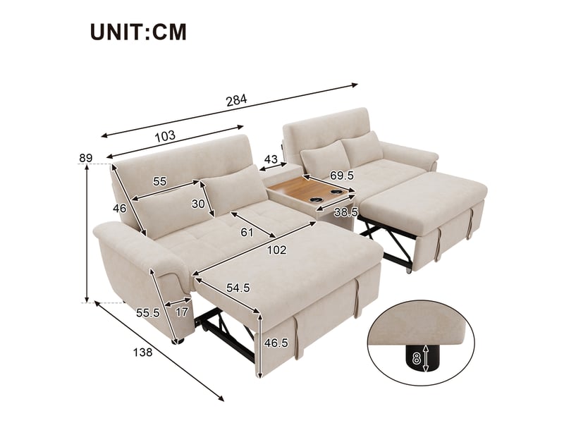  Canapé convertible u 284x138x89 cm, dossier inclinable, double couchage relevable, deux porte-gobelets, tissu, beige  - Conforama C