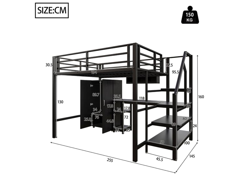 Lit mezzanine enfant 140x200 cm avec bureau, armoire et rangements, noir et blanc  - Conforama C