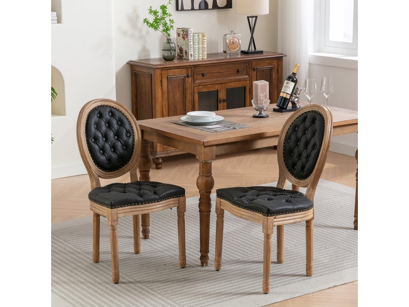  Lot de 2 chaises salle à manger campagne bois massif vieilli dossier ovale capitonné similicuir mouton clous noir  - Conforama D