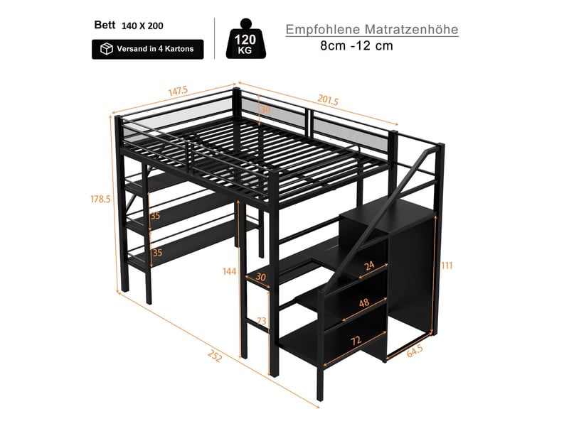  Lit surélevé 140x200 en métal noir, étagères, bureau, armoire et échelle sécurisée avec garde-corps  - Conforama B