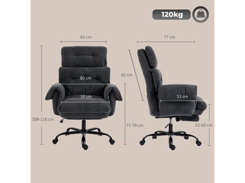  Chaise de bureau à dossier réglable, chaise de bureau à roulettes rembourrée, fauteuil rembourré, hauteur réglable, acier, gris foncé  - Conforama E