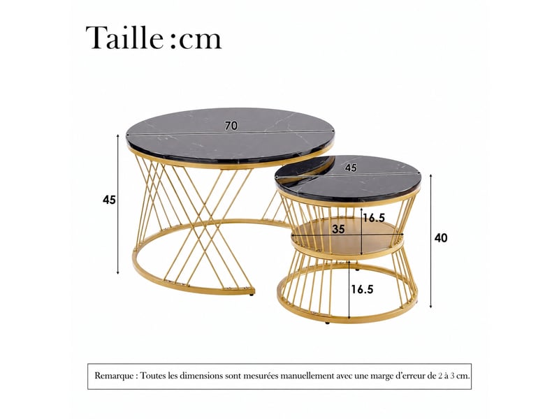  Tables basses gigognes rondes, lot de 2, mdf effet marbre noir et métal doré, diamètres 70 et 45 cm  - Conforama C