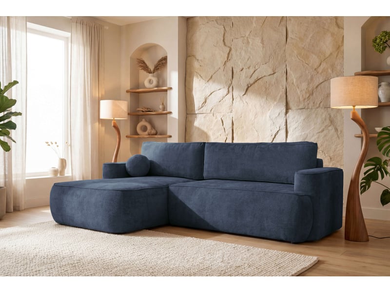  Canapé d'angle gauche cassis avec coffre de rangement en tissu chenille - bleu foncé CASSIS - Conforama B