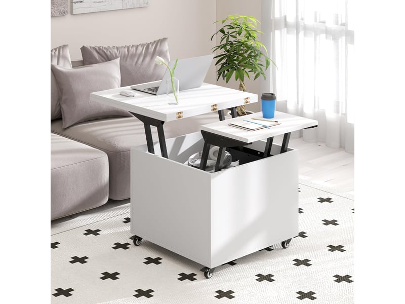  3 en 1 table basse relevable avec roulettes, table basse extensible à manger salon hauteur réglable avec tiroir rangement,60-120x60x50-66cm (blanc)  - Conforama C
