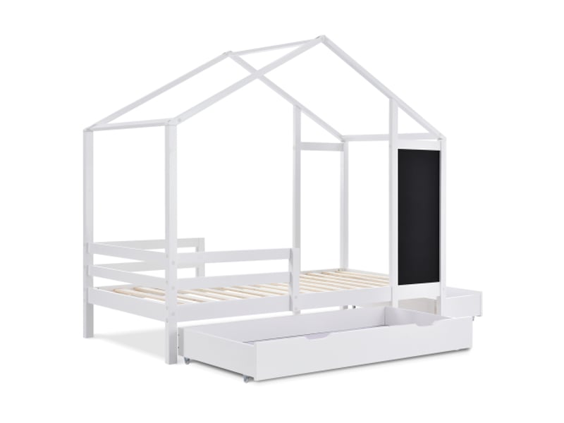 Lit cabane 90x200 cm, lit enfant avec 2 tiroirs, tableau noir, clôture et sommier à lattes, en bois, blanc, sans matelas - Conforama E