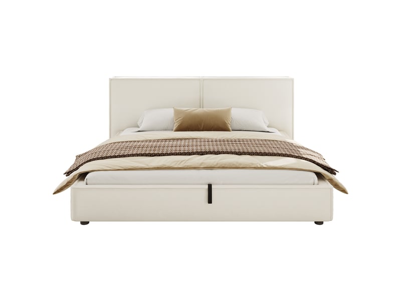  Lit double 180×200 cm avec rangement hydraulique, tête de lit rembourrée, bouclé blanc  - Conforama A