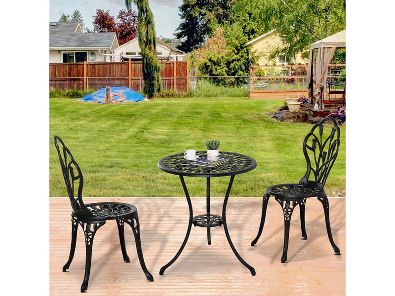 Ensemble de jardin 3 pièces comprenant une table ronde ø60x67 cm et 2 chaises 42,5x47,5x89 cm. Table avec trou pour parasol, couleur noire. - Conforama C
