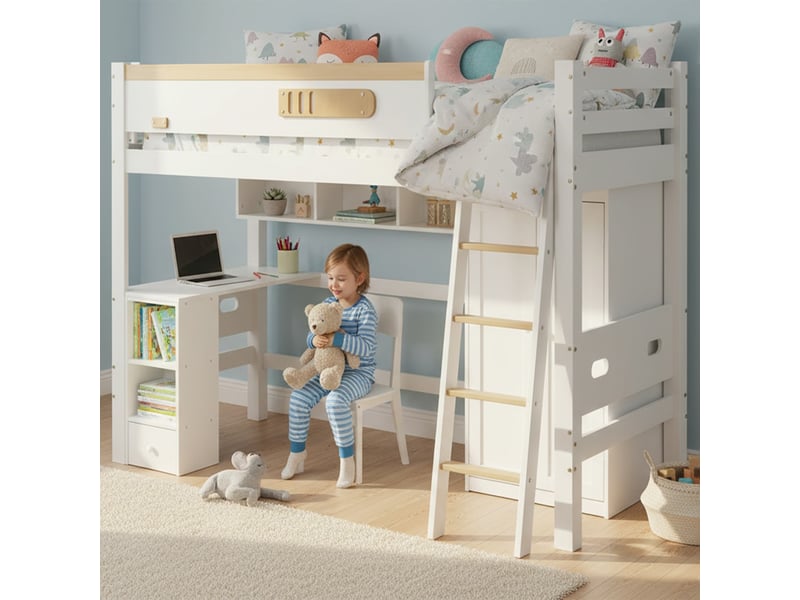  Lit superposé 90 x 200 cm avec armoire intégrée, échelle, étagères et niches en pin, panneau composite de fibres de bois à densité et contreplaqué blanc  - Conforama B