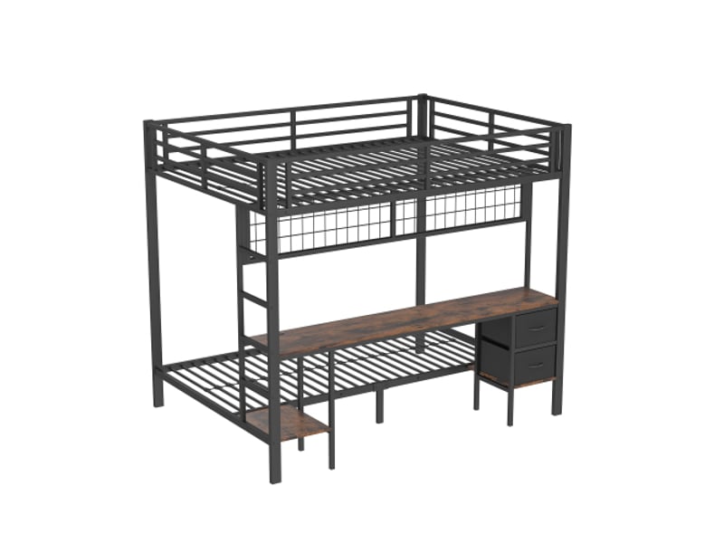  Lit superposé 140x200cm, structure en fer, tiroirs, grille, bureau, avec bande led et port usb, sans matelas, noir  - Conforama E