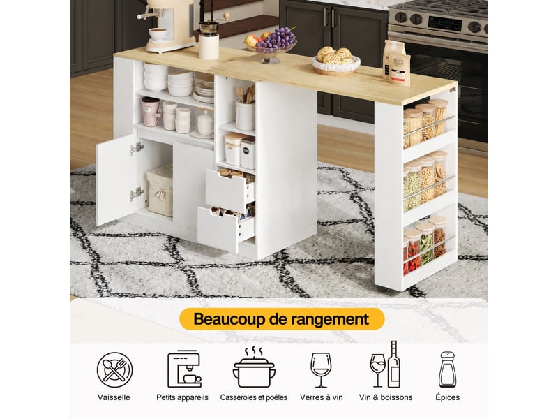  Îlot de cuisine avec plateau extensible, rangement et 2 tiroirs, 115 cm, blanc et bois naturel  - Conforama D