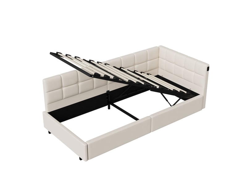  Lit banquette 90x200 cm avec led rgb et usb chargeur, lit jeune avec rangement et tête de lit rembourrée lit simple pour ado avec cadre de lit à lattes beige velours, sans matelas  - Conforama W