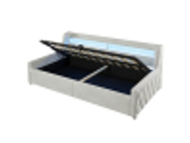  Lit coffre 90 × 200 cm, rangement hydraulique, tête avec led multicolore, sommier à lattes, velours et mdf, blanc cassé  - Conforama A