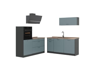Vicco cuisine, bleu-grisanthracite, 160cm plan de travail chêne doré