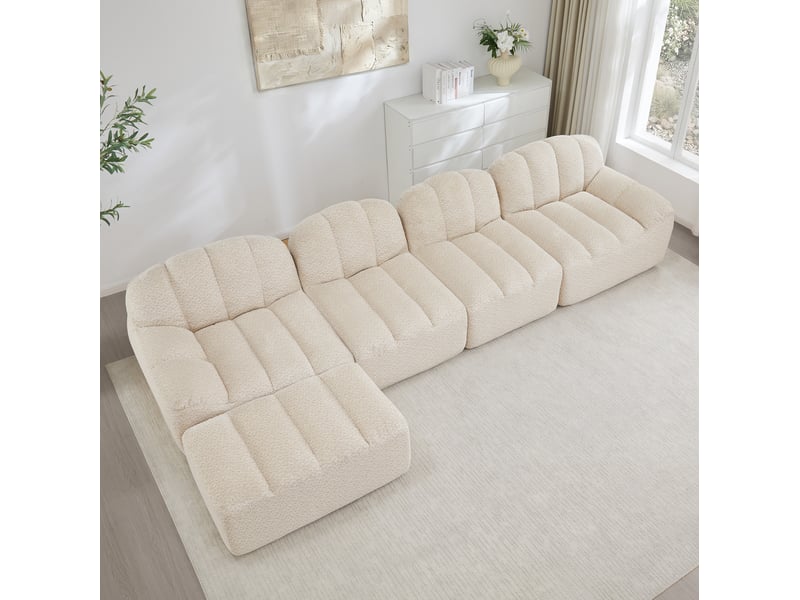  Canapé modulaire ulevr 4 places avec pouf, configuration en l, tissu bouclette beige blanc, 366 x 165 x 79 cm  - Conforama E