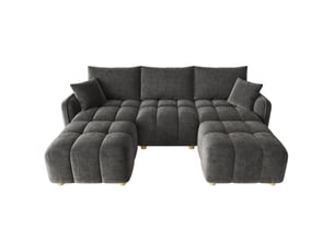 Canapé d'angle modulable 5 places en lu avec 2 poufs, canapé nuage en tissu chenille, larges accoudoirs, gris