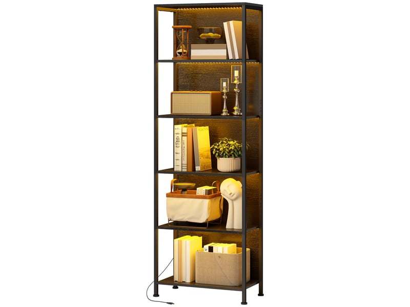Bibliothèque à 5 niveaux avec éclairage led 7 couleurs, style industriel, 60 x 30 x 179 cm, noire - Conforama B