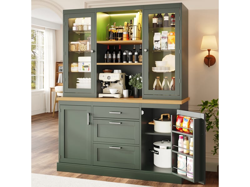  Armoire de cuisine verte 140cm avec led contrôlée par app, 3 tiroirs et plan de travail en bois  - Conforama E