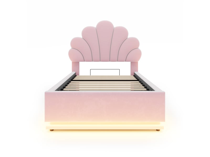 Lit coffre 90x200 cm - lit 1 place avec rangement hydraulique, tête de lit fleurie et led - cadre métal - rose - Conforama W