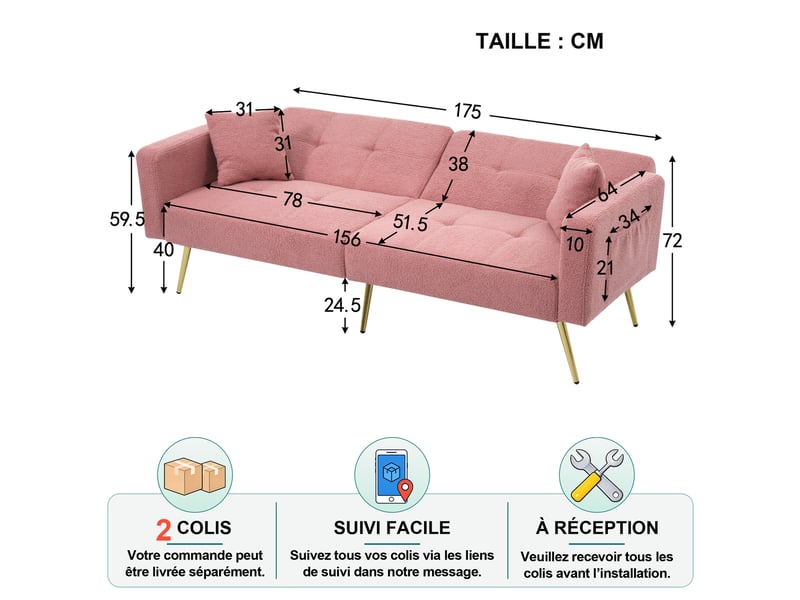  Canapé convertible avec dossier réglable, poches latérales et pieds dorés en tissu sherpa rose, 175 × 64 × 72 cm  - Conforama D