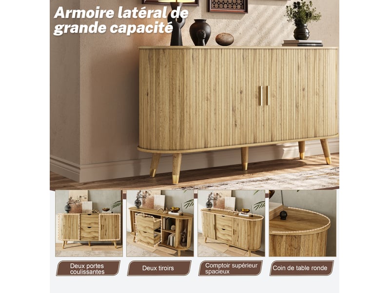 Buffet et enfilade avec 2 portes coulissantes, 2 tiroirs et niches ouvertes, en mdf naturel, 140 × 40 × 79,5 cm  - Conforama E