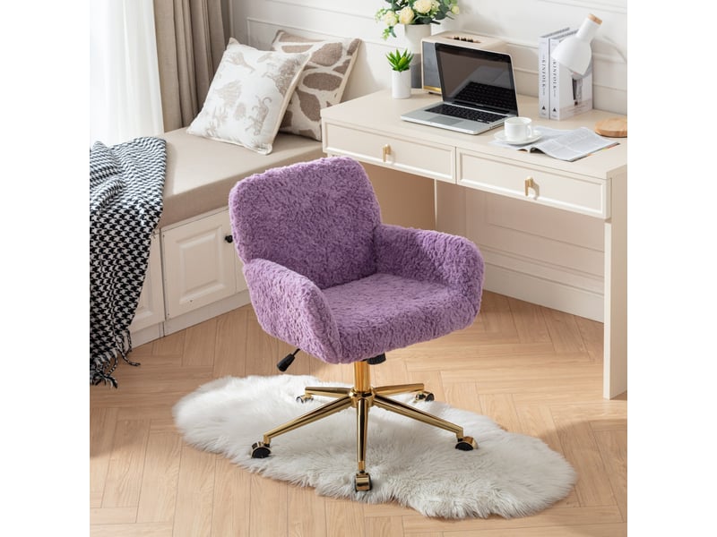  Fauteuil de bureau 62x61x90cm - avec base dorée – hauteur réglable, pivotant 360° et roulettes – fourrure de lapin - violet  - Conforama B