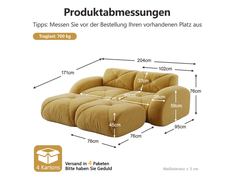  Canapé droit modulable 2 places jaune en tissu, avec deux poufs, sans montage, idéal pour le salon familial  - Conforama C