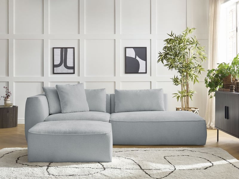  Bobochic canapé droit fixe 3 places leopold tissu texturé avec pouf gris clair  accoudoir gauche LEOPOLD - Conforama D