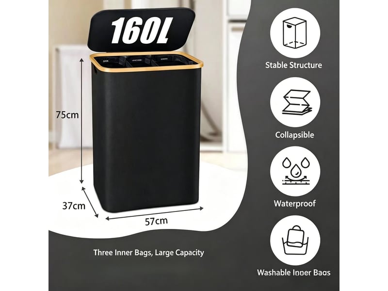  Panier à linge 160 l pliable avec 3 sacs amovibles, trieur de linge 3 compartiments  - Conforama D
