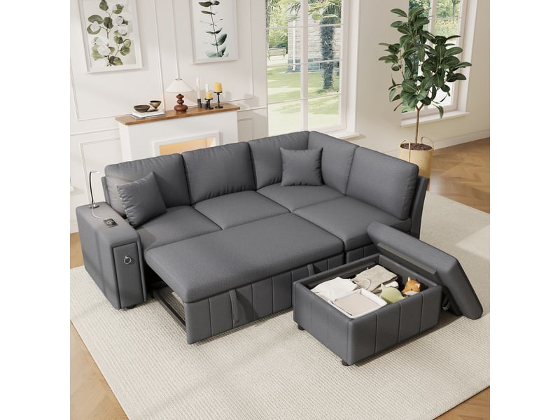  Canapé d'angle convertible 5 places avec méridienne modulable, coffre de rangement et pouf, usb-c, lampe de lecture - gris  - Conforama C