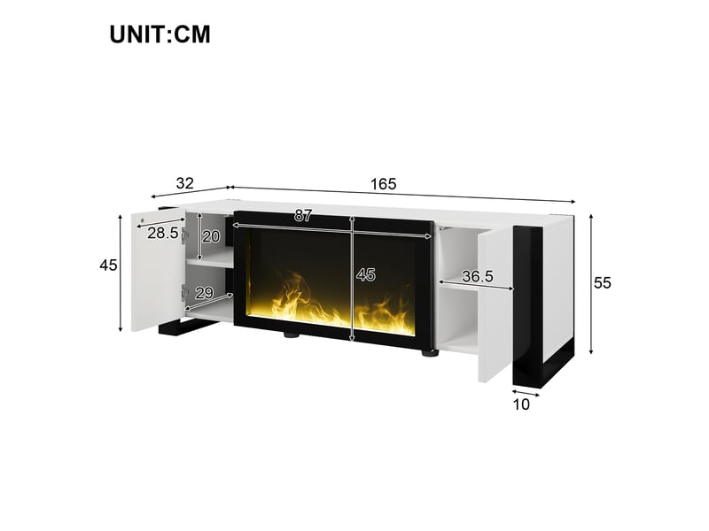  Meuble tv 165 cm avec cheminée électrique décorative sans chauffage, blanc et noir  - Conforama C