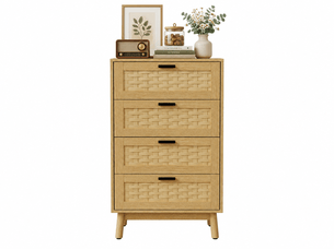 Commode en bois et rotin avec 4 tiroirs, meuble de rangement cannage scandinave, 55x40x95 cm