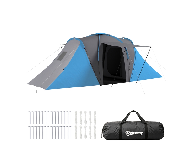  Tente tunnel, tente de camping imperméable 2000 mm pour 4 personnes, avec 2 chambres, un espace de vie et un sac de transport, gris et bleu.  - Conforama A